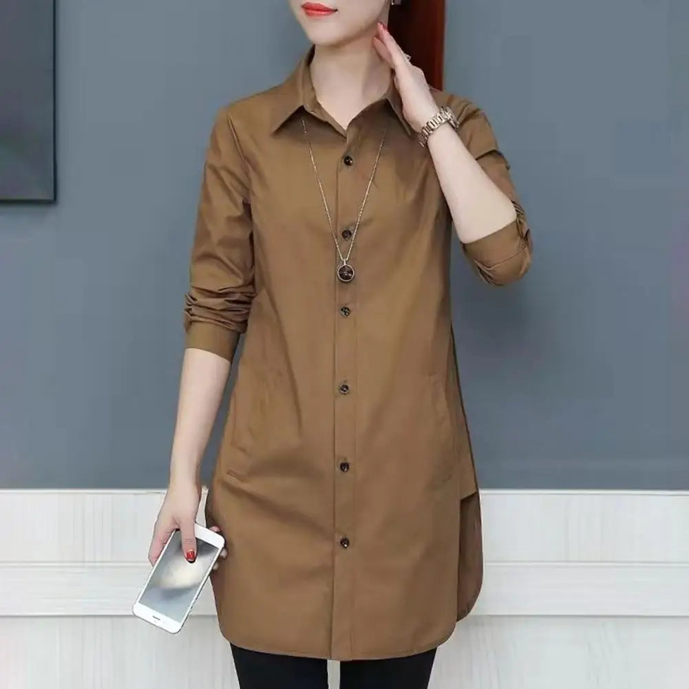 Women Shirt Elegant Side Split Irregular Hem Solid Color Basic Shirt Spring Summer Mid Length Underlay Shirt Casual Loose Shirts