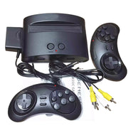 Máy chơi game đen với hai tay cầm và dây kết nối màu vàng, trắng, đỏ.