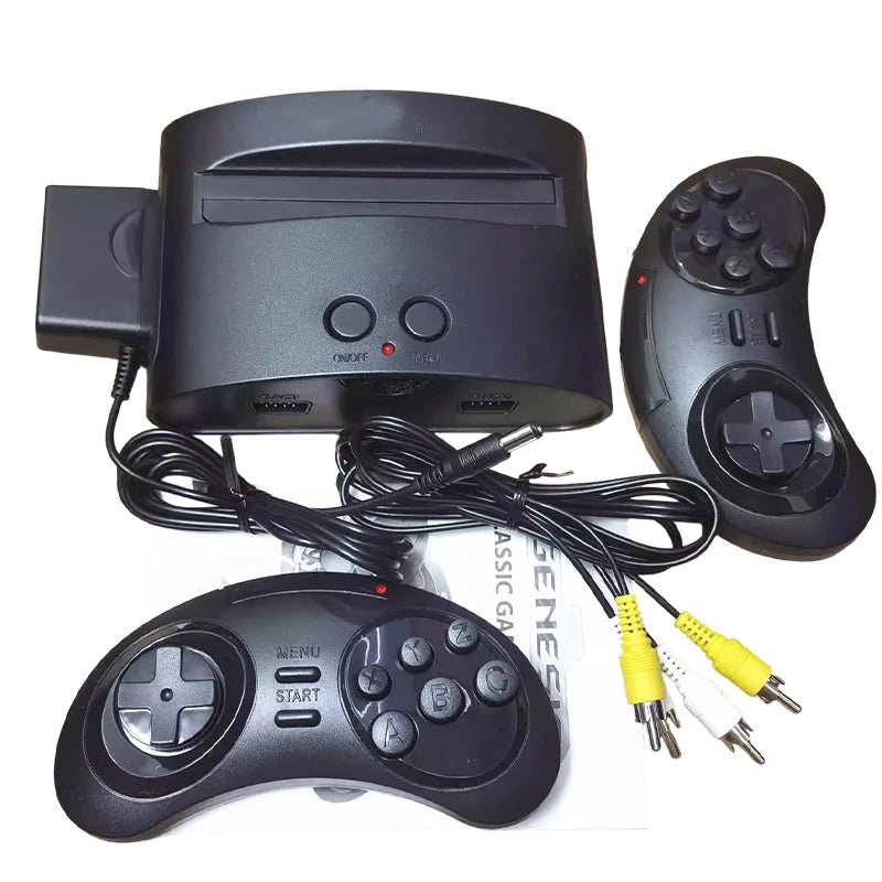Máy chơi game đen với hai tay cầm và dây kết nối màu vàng, trắng, đỏ.