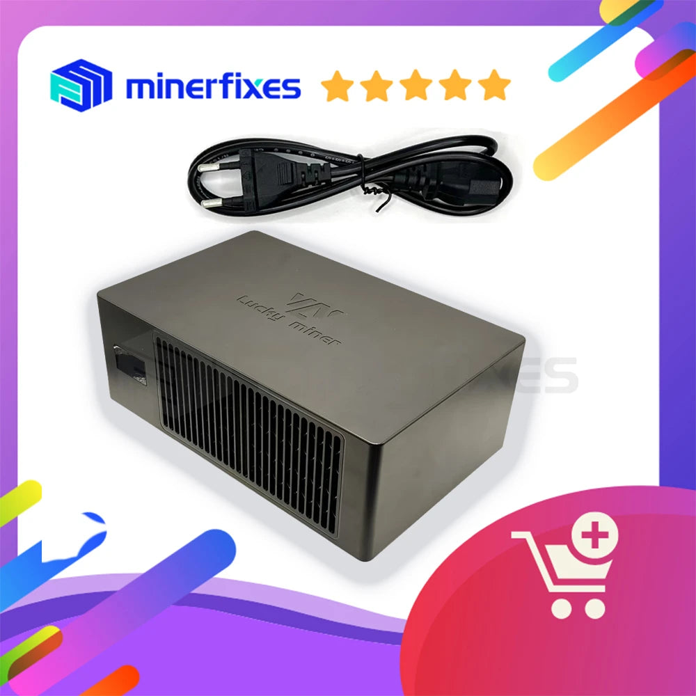 Hộp màu đen với lỗ thoát khí ngang, dây cáp nguồn đen, nền tím và hồng với biểu tượng giỏ hàng.