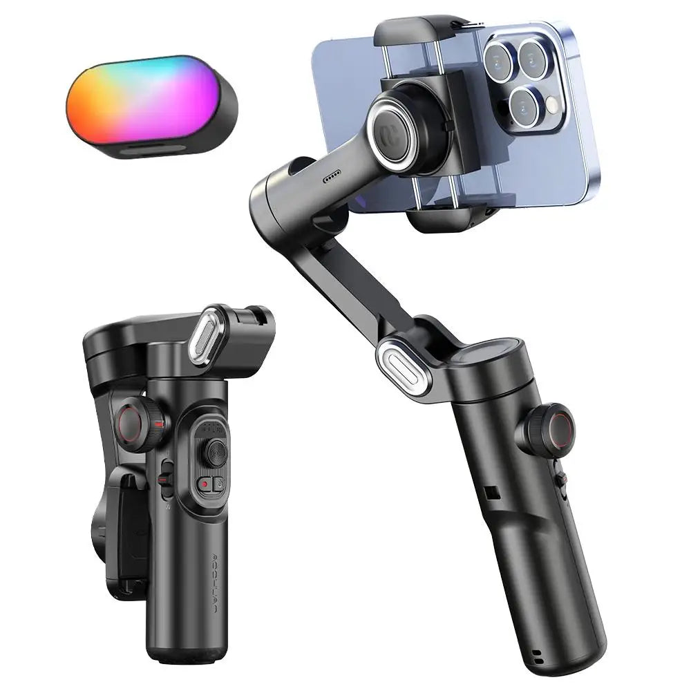 Gimbal đen cầm tay với điện thoại, đèn RGB nhỏ hình bầu dục ở trên.