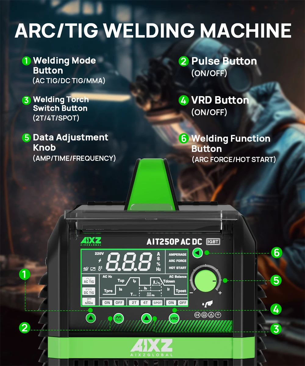AIXZ 5 in 1 HF TIG AC/DC Aluminum Welding Machine MMA ARC Argon Precise Digital Pulse 2T/4T TIG Welder Stainless IGBT Inverter - Daisan Mart