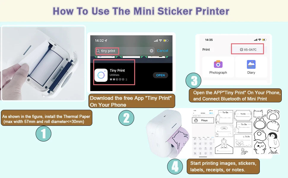 Mini Inkless Sticker Printer HD Thermal Sticky Note Print Pod Sticker Maker Portable Bluetooth Pocket Printer for Notes DIY - Daisan Mart