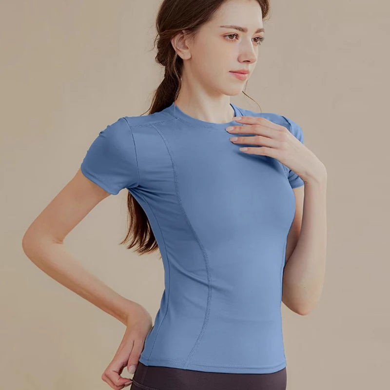 {QTG329} 1 Pcs Women's Tight Short Sleeve Yoga Top - Slim Fit, Quick Dry Fabric For Running, Gym & Outdoor Workouts - Daisan Mart