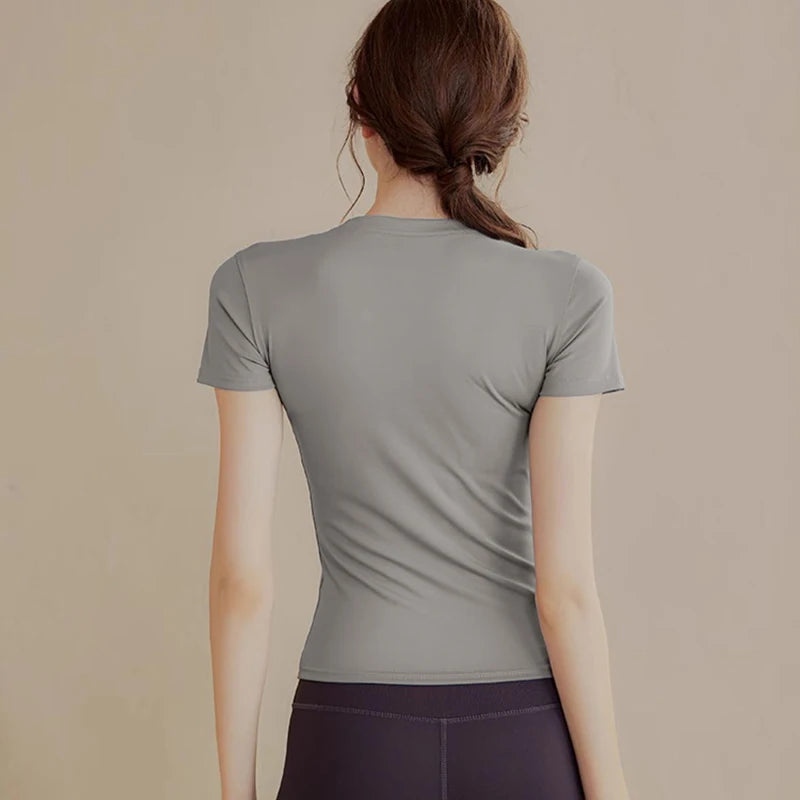 {QTG329} 1 Pcs Women's Tight Short Sleeve Yoga Top - Slim Fit, Quick Dry Fabric For Running, Gym & Outdoor Workouts - Daisan Mart
