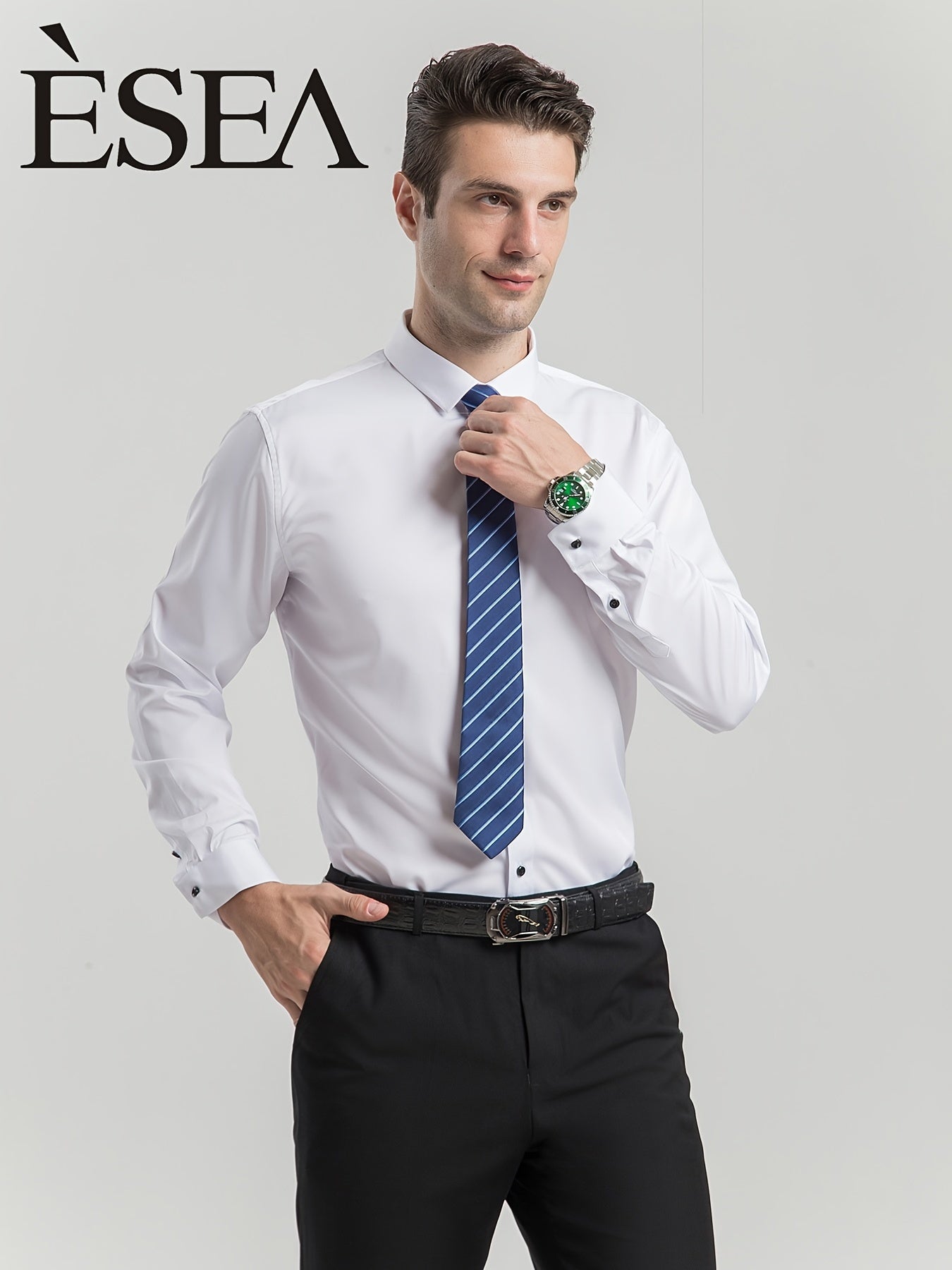 男士修身彈性正裝襯衫，輕薄商務翻領長袖襯衫，男士商務襯衫抗皺耐用純色正裝長袖襯衫，帶紐帶和口袋，適合工作、通勤、約會