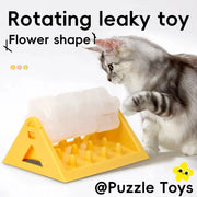 Mèo nhìn đồ chơi xoay màu vàng hình hoa, nền trắng, chữ "@Puzzle Toys".