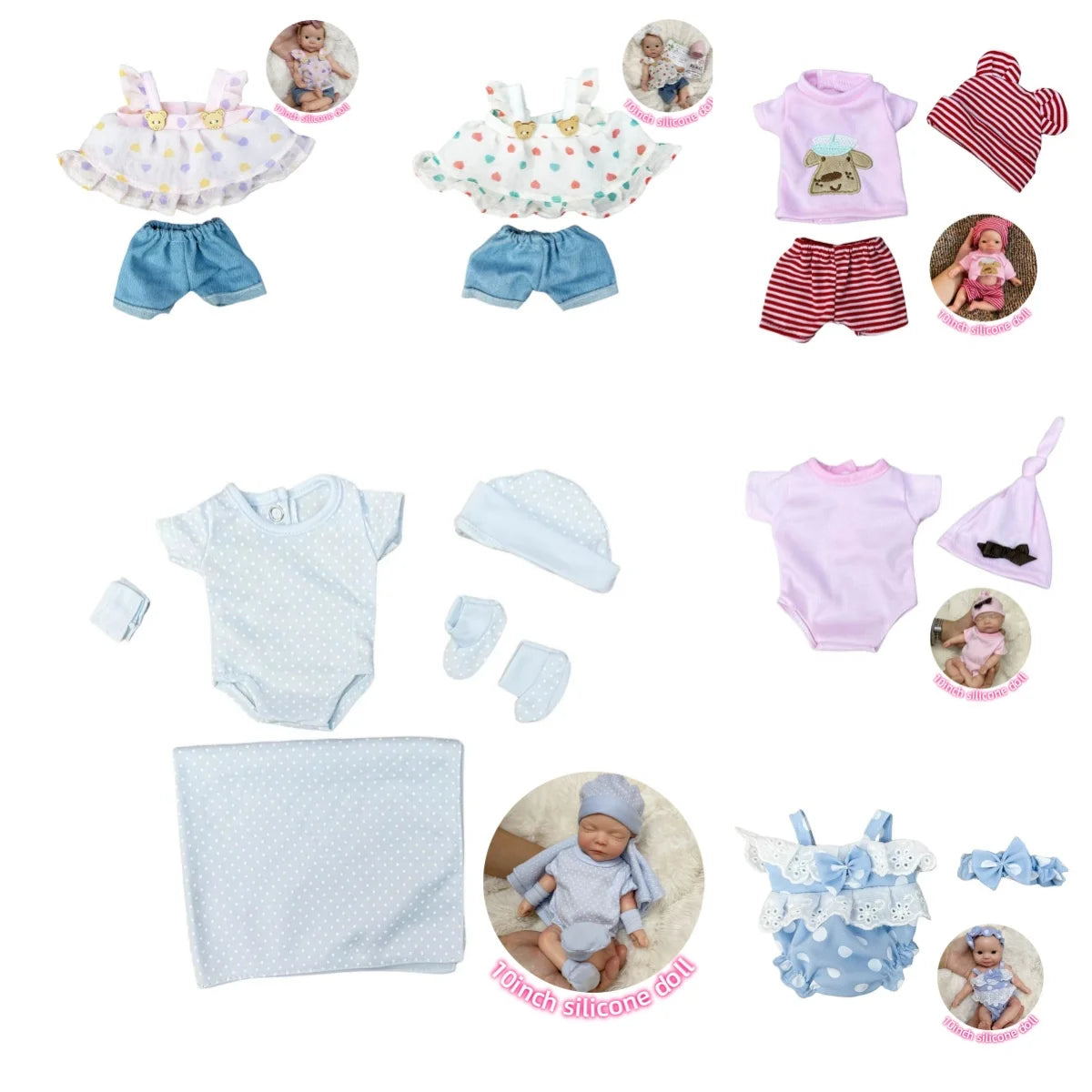 Bộ quần áo búp bê: váy hoa, quần short, bodysuit xanh và hồng, mũ, tất, khăn chấm bi xanh.