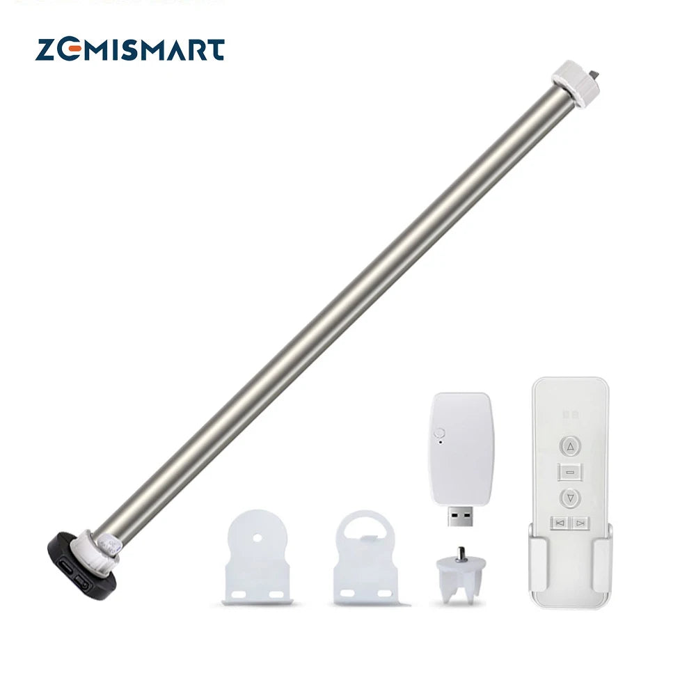 Ống kim loại dài cùng điều khiển từ xa màu trắng và các phụ kiện đi kèm trên nền trắng.