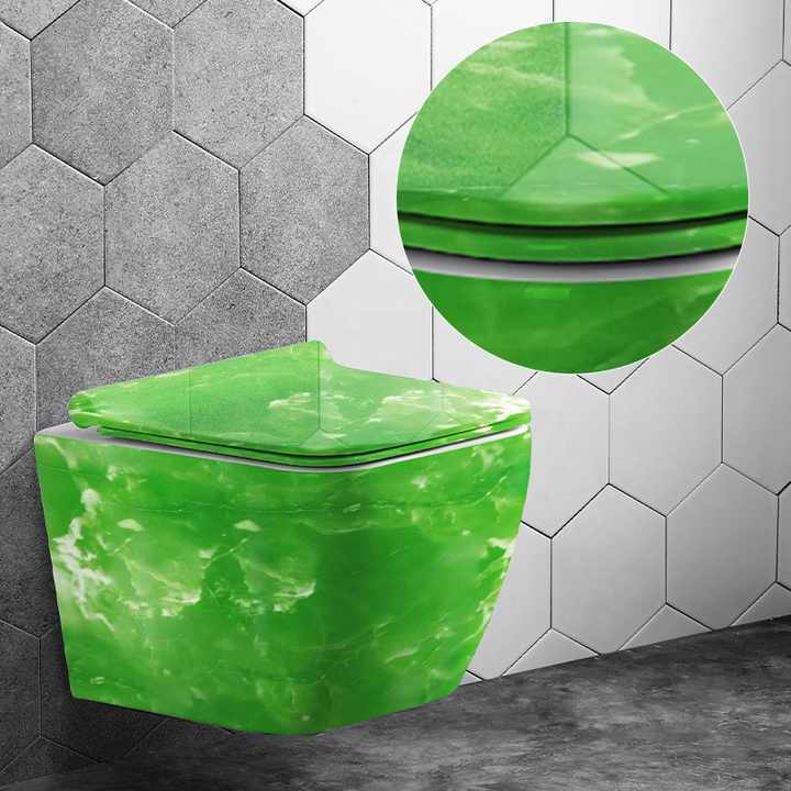 Nắp đậy bồn cầu bằng sứ không vành bằng đá cẩm thạch cao cấp, đóng êm, bồn cầu treo tường không cần nước P trap - Daisan Mart