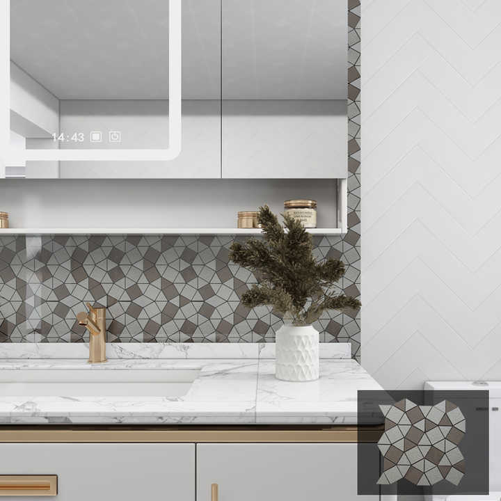 Trang chủ Xây dựng Đá Gạch Bếp Backsplash Phòng tắm Vòi sen Trang trí Tường Đá cẩm thạch xám Gạch khảm hoa văn lồng vào nhau - Daisan Mart