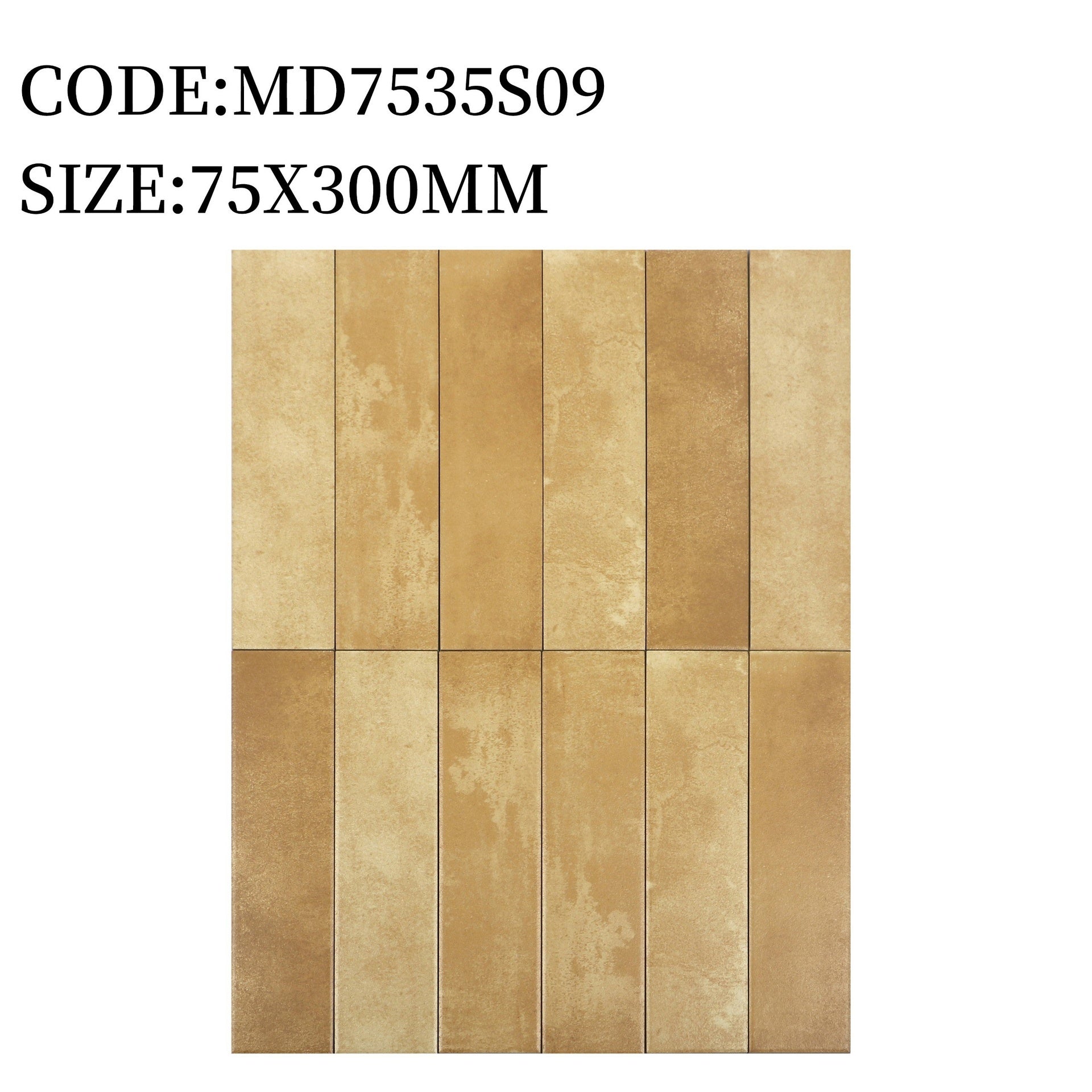 Gạch thẻ Trung Quốc, Vàng đất loang mờ phẳng, KT 75x300 mm, MD7535S09 (1 hộp/ 44 viên/ 1.125m2) - Daisan Mart