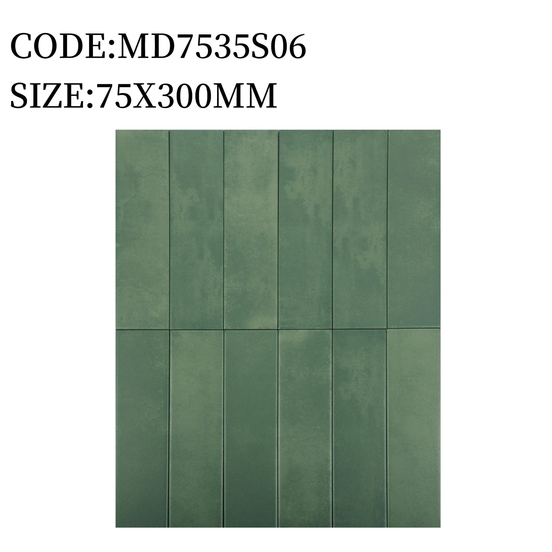 Gạch thẻ Trung Quốc, Xanh lá loang mờ phẳng, KT 75x300 mm, MD7535S06 (1 hộp/ 44 viên/ 1.125m2) - Daisan Mart
