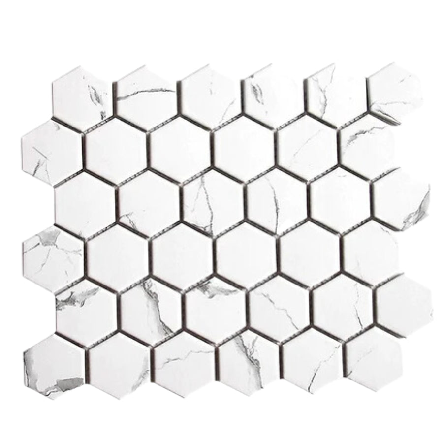 Gạch Mosaic Lục Giác Màu Trắng Vân Mây P56M01 - Daisan Mart