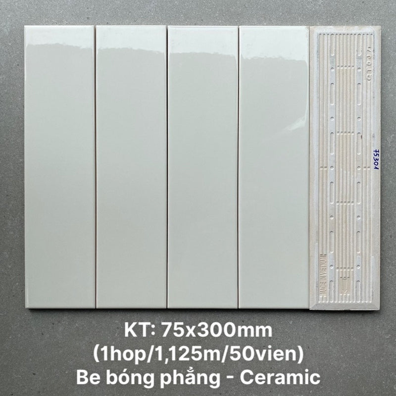 Gạch thẻ cao cấp be bóng phẳng KT 75x300mm PSTA75301 - Daisan Mart