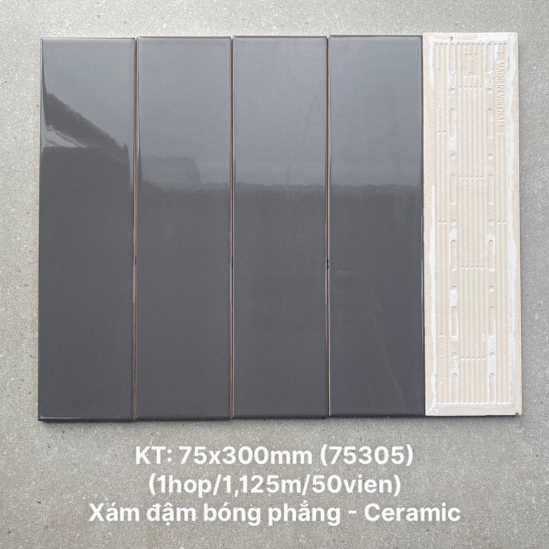 Gạch thẻ cao cấp xám đậm bóng phẳng KT 75x300mm PSTA75305 - Daisan Mart