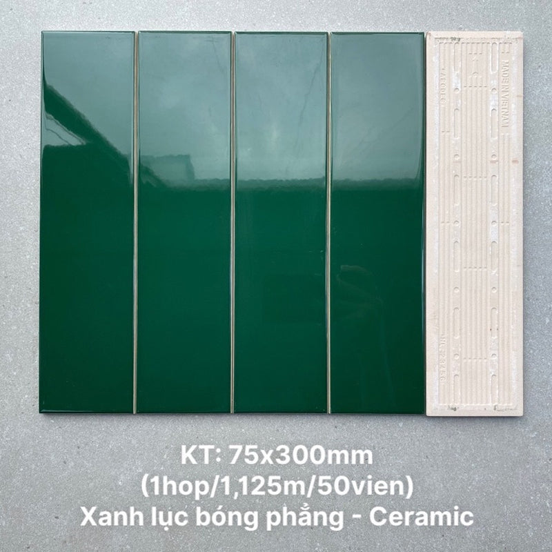 Gạch thẻ cao cấp xanh lục bóng phẳng KT 75x300mm PSTA75312 - Daisan Mart