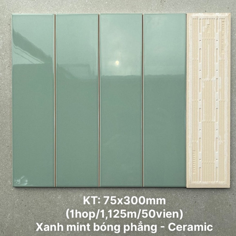 Gạch thẻ cao cấp xanh mint phẳng KT 75x300mm PSTA75315P - Daisan Mart