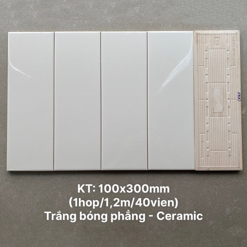 Gạch thẻ trắng bóng phẳng KT 100x300mm STA1300 - Daisan Mart