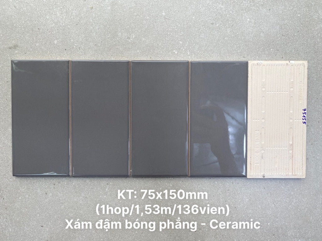 Gạch thẻ xám đậm bóng phẳng KT 75x150mm PSTA75155 - Daisan Mart