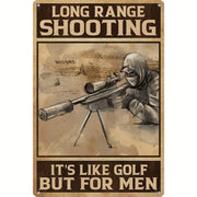 Áp phích vẽ tay người bắn tỉa ngắm súng, nền nâu và chữ "LONG RANGE SHOOTING".