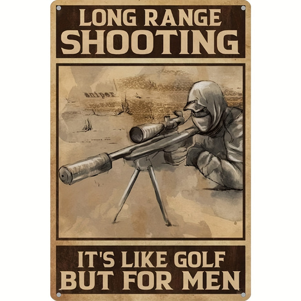 Áp phích vẽ tay người bắn tỉa ngắm súng, nền nâu và chữ "LONG RANGE SHOOTING".