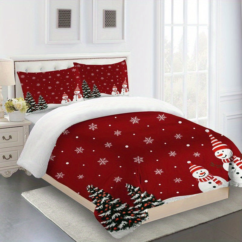 3pcs Christmas Bedding Snowman Pine Tree Pattern, Winter Holiday Red Duvet Cover, Festive Snowflake Design, Comfortable Home Bedroom Guest Room Supplies, Soft Microfiber Fabric, (1 + 2 Pillow Covers) - Daisan Mart