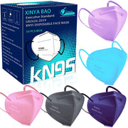 Hộp khẩu trang KN95 với hình ảnh 5 khẩu trang màu tím, xanh, hồng, đen và xanh lục.