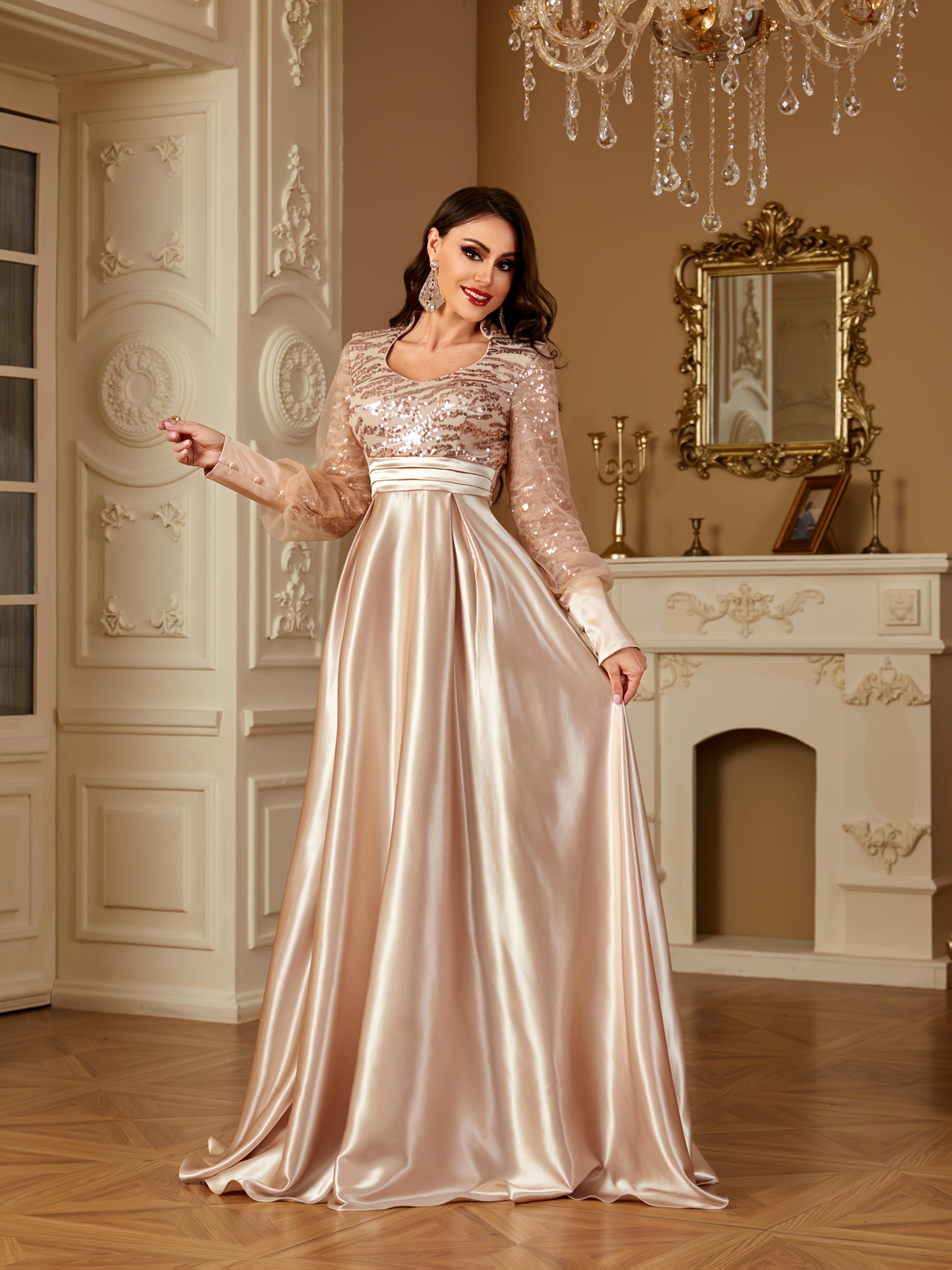 XUIBOL Women's Elegant Long Sleeve Satin Evening Gown - Waist-Cinching Slim Fit A-Line Dress with Sparkling Pearl & Sequin Embellishments, Round Neck Floor-Length Formal Party Dress for Weddings & Galas - Daisan Mart