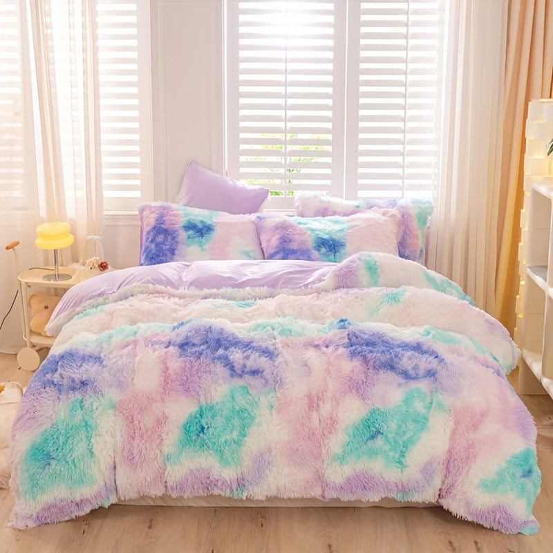 3pcs Y2K Tie Dye Plush Duvet Cover Set ( 1 Duvet Cover + 2 Pillowcase), Soft &amp; Warm Bedding Set