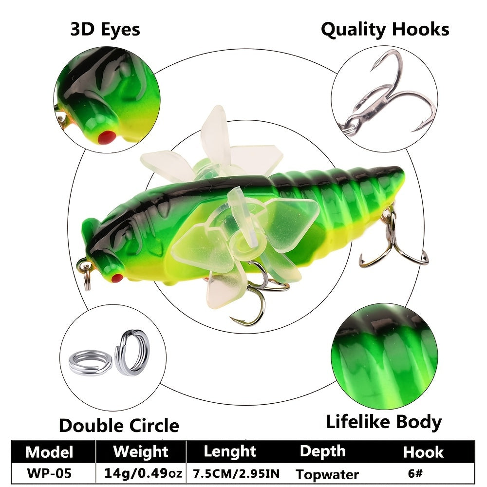 Bionic Cicada Hard Fish Lure - Spinning Fishing Bait with Propeller Treble Hook for Freshwater and Saltwater Fishing - 7.5cm/14g - Lifelike Design for Increased Catch Rates
