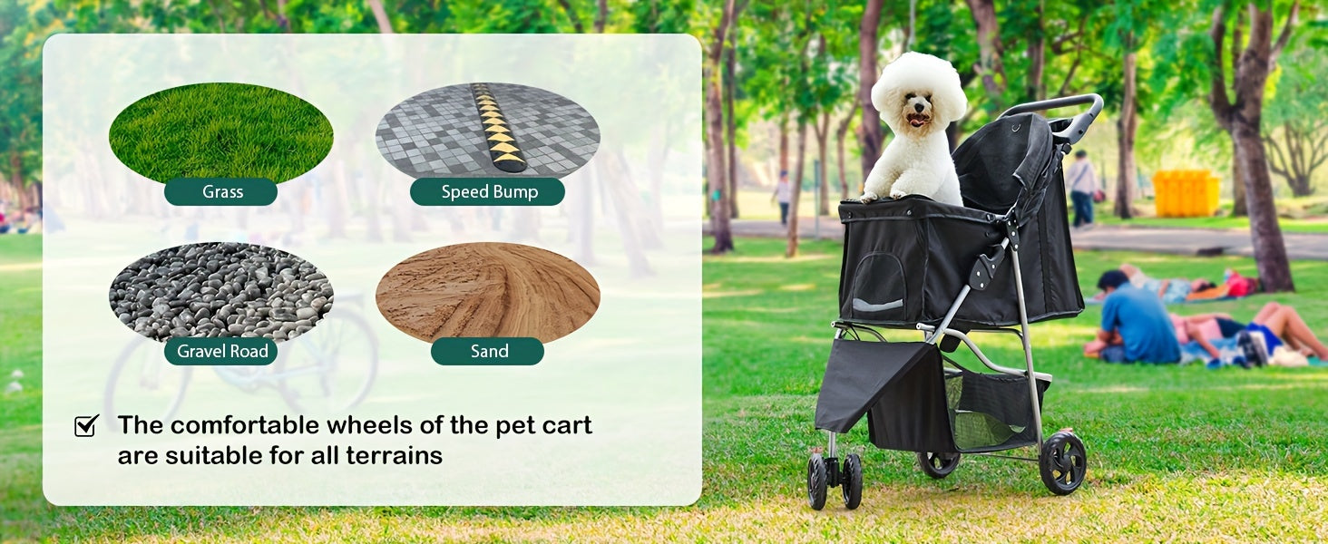 3 Wheels Pet Stroller, Foldable Dog Cat Cage Jogger Stroller With Weather Cover For All-Season, Storage Basket And Cup Holder, Breathable And Visible Mesh For Small/Medium Pets