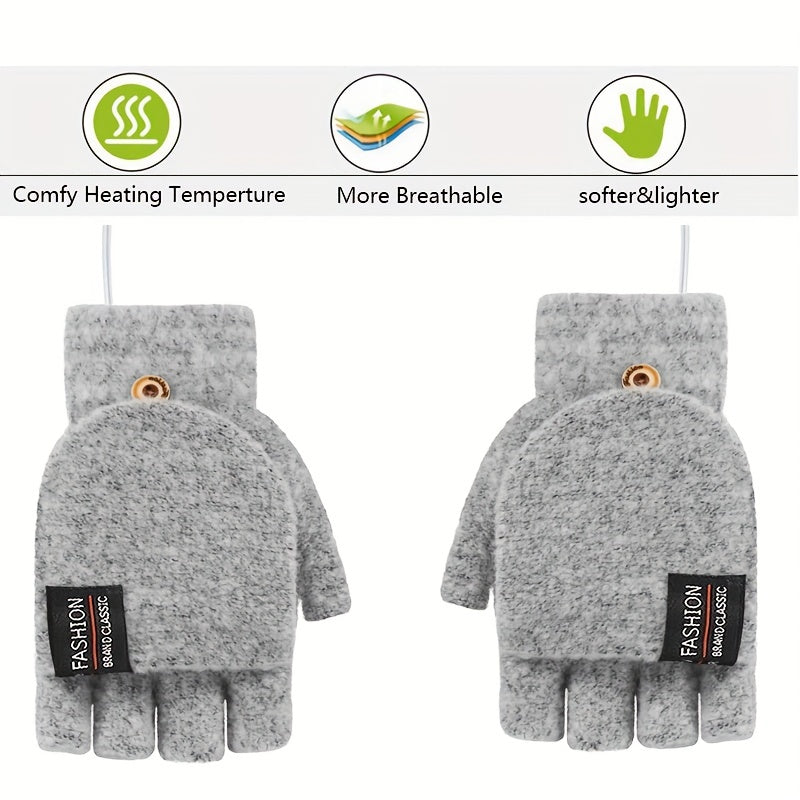 USB Interface Electronic Warmer, Male And Female Universal USB Heating Gloves Knitted Semi Heated Fingerless+Flip Heating Heater with Button Washable Design Gloves for Winter Hand Warmth Laptop Gloves, Without Battery