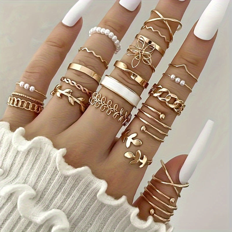 22-Piece Ring Set - Elegant &amp; Delicate Leaf Pattern