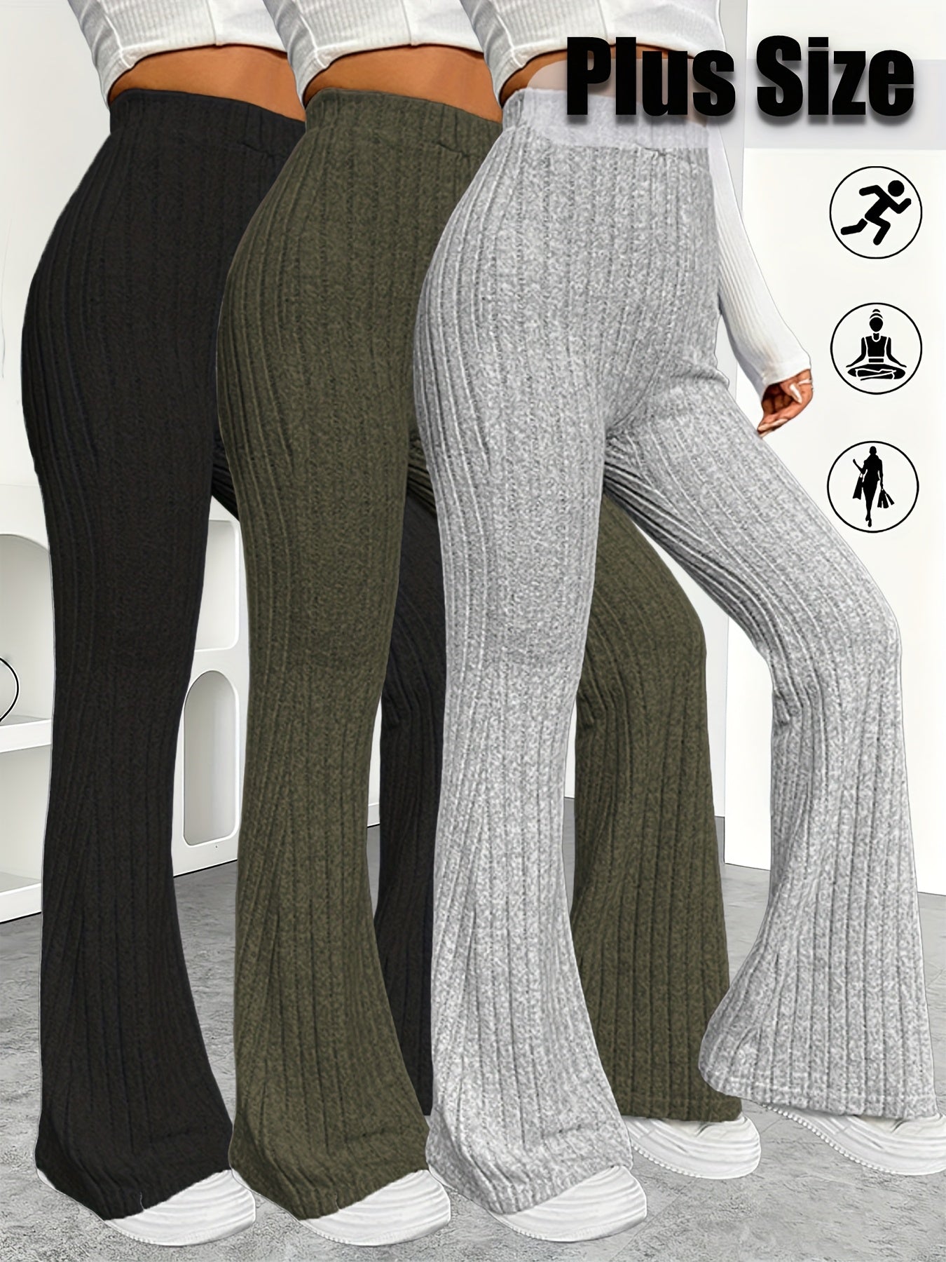 3pcs Set Women'S Plus Size High-Waisted Flare Pants (XL-5XL) - Soft Stretchy Trousers with Flared Legs, Machine Washable All-Season Formal & Everyday Pants in Black, Grey, Olive Green - Ideal for Curvy Women, High Waist Pants