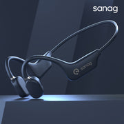 Tai nghe không dây màu đen với thiết kế vòng cổ, logo "sanag" ở nền tối.