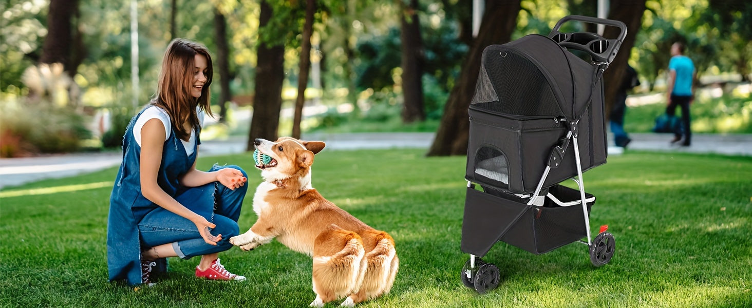 3 Wheels Pet Stroller, Foldable Dog Cat Cage Jogger Stroller With Weather Cover For All-Season, Storage Basket And Cup Holder, Breathable And Visible Mesh For Small/Medium Pets
