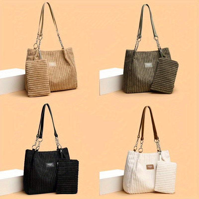Perfect Lily Women's 2pcs Corduroy Tote & Handbag Set - Elegant Large Capacity Handbags with Zipper Closure, Fixed Strap & Polyester Lining, Beige/White/Green/Black, Versatile for Daily Commute, Work, Shopping - Durable Cordu - Daisan Mart