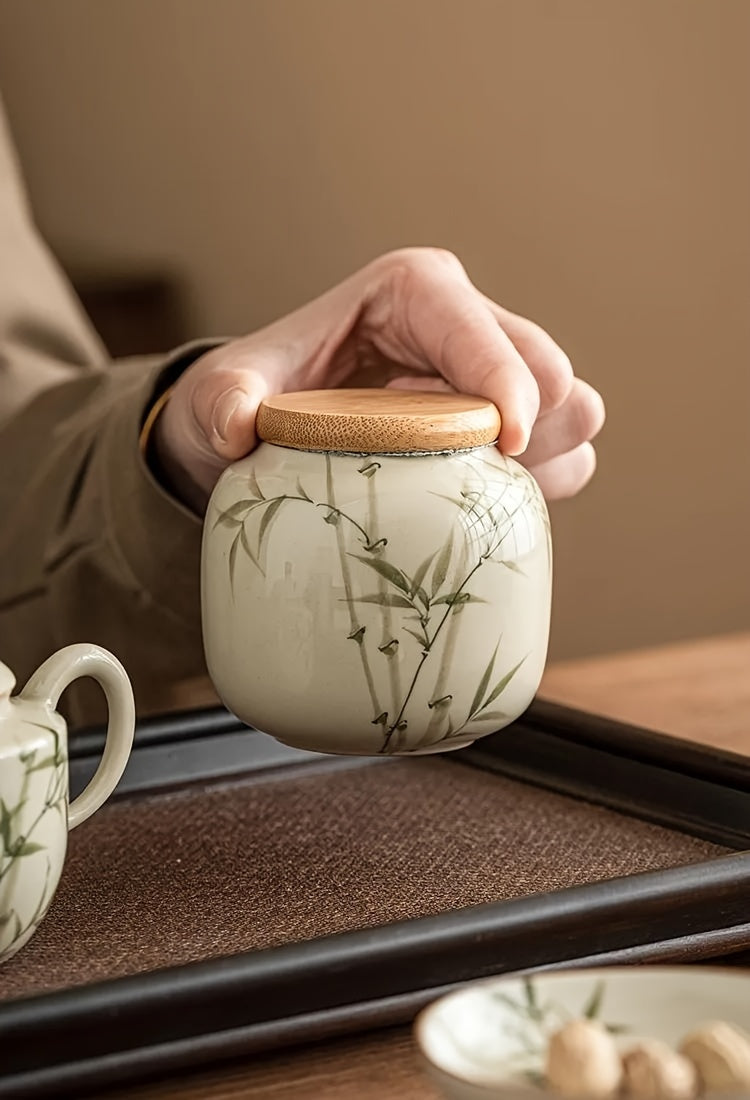 [High-Grade Pu'Er Green Tea Jar] Emerald Green Asparagus Fern Tea Jar Sealed Jar Ceramic Tea Container Moisture-Proof Chinese High-Grade Pu'Er Green Tea Warehouse