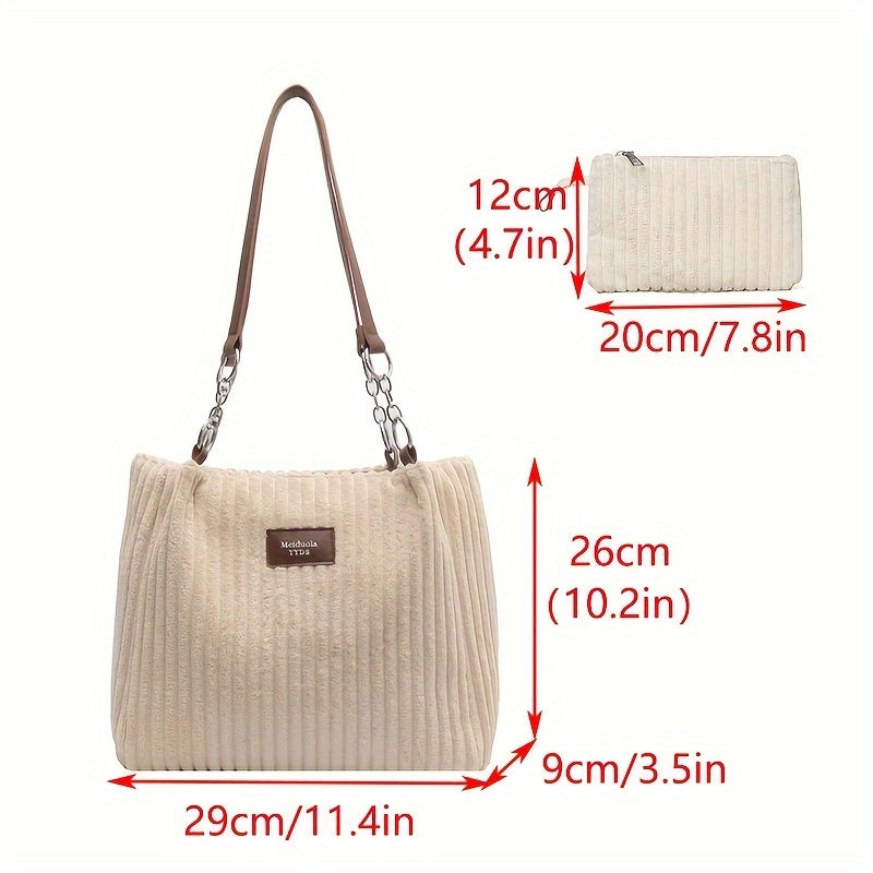 Perfect Lily Women's 2pcs Corduroy Tote & Handbag Set - Elegant Large Capacity Handbags with Zipper Closure, Fixed Strap & Polyester Lining, Beige/White/Green/Black, Versatile for Daily Commute, Work, Shopping - Durable Cordu - Daisan Mart