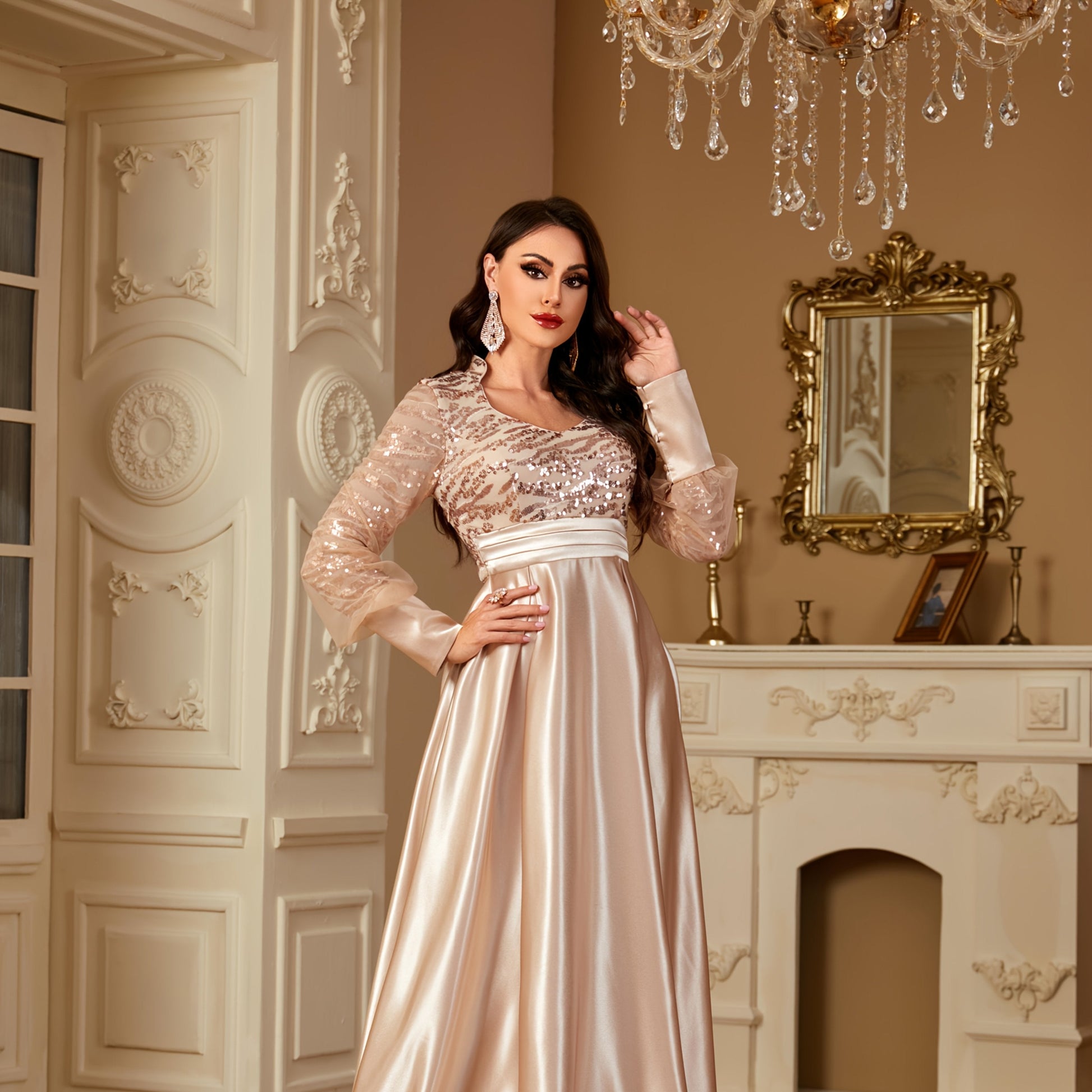 XUIBOL Women's Elegant Long Sleeve Satin Evening Gown - Waist-Cinching Slim Fit A-Line Dress with Sparkling Pearl & Sequin Embellishments, Round Neck Floor-Length Formal Party Dress for Weddings & Galas - Daisan Mart