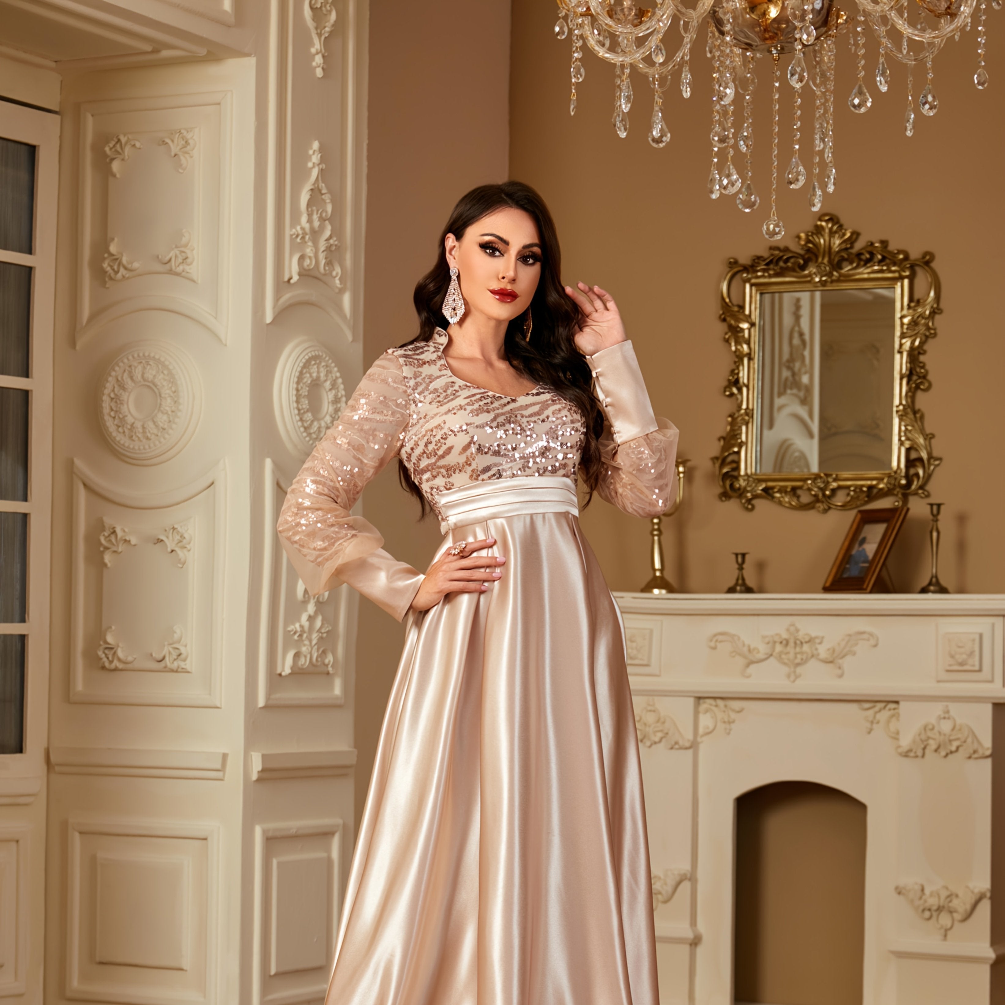 XUIBOL Women's Elegant Long Sleeve Satin Evening Gown - Waist-Cinching Slim Fit A-Line Dress with Sparkling Pearl & Sequin Embellishments, Round Neck Floor-Length Formal Party Dress for Weddings & Galas - Daisan Mart