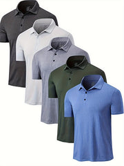Năm áo polo xếp tầng: đen, trắng, xám, xanh lục đậm, xanh dương nhạt.