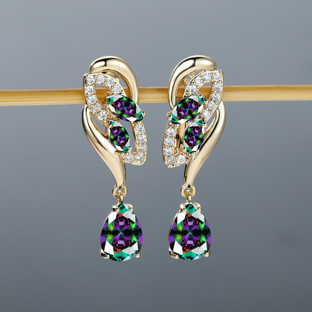 ANGOL Romantic Flower Dangle Earrings for Women - Golden-Tone Floral Design with Red &amp; Clear Synthetic Gemstones, Elegant Party &amp; Everyday Jewelry Gifts