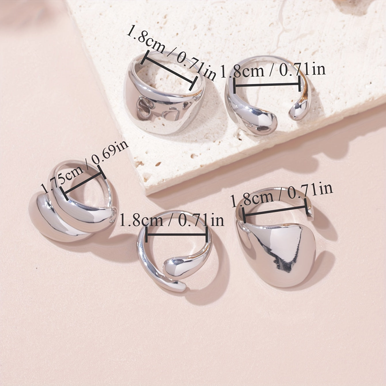 Set of 5 Women's Fashion Expandable Silver Metal Rings