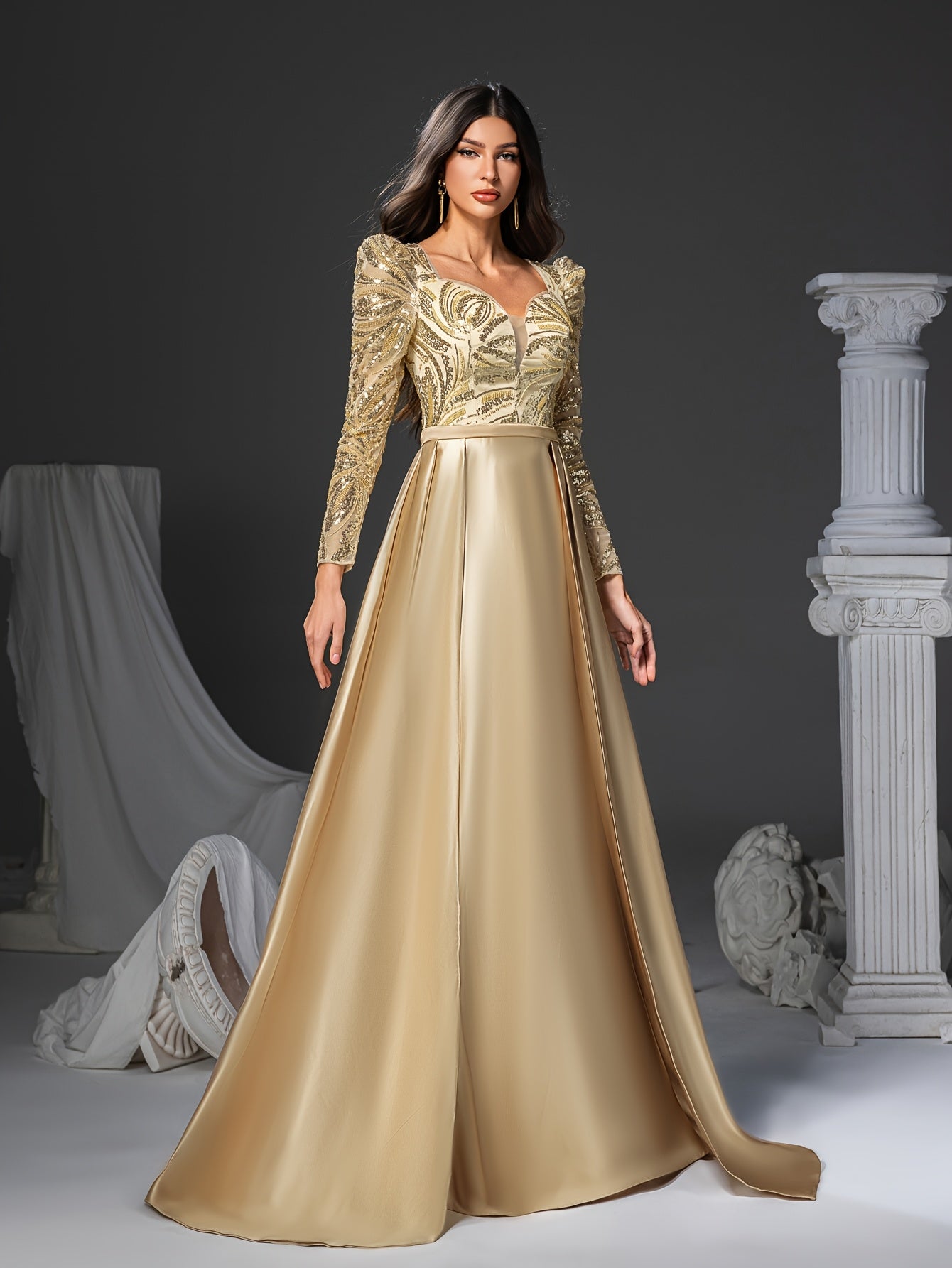 [Elegant Sequin Mermaid Dress] Elegant Sophisticated Women's Long Sleeve V-Neck Sequin Embellished Mermaid Dress with Flowy Train | Golden Formal Party Wedding Gown, Hand Wash Only, Wedding Guest Attire, Structured Bodice
