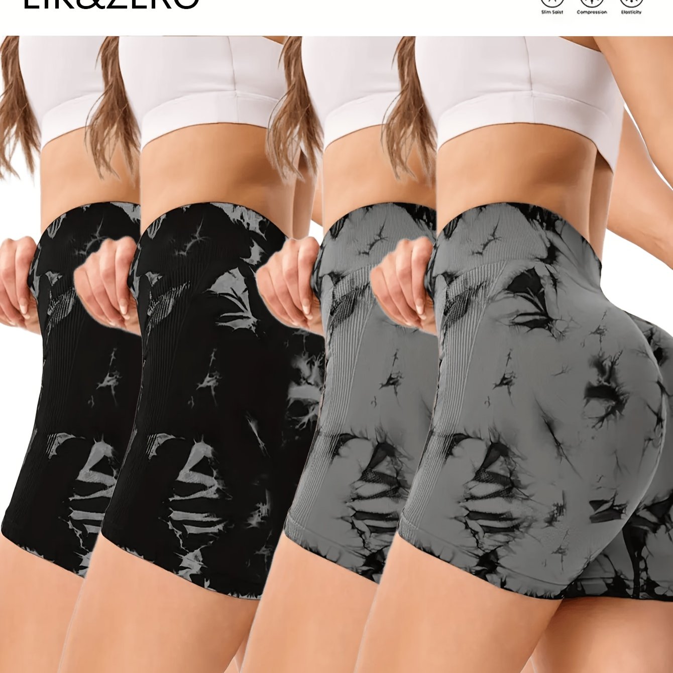 4pcs Dfyne Impact Women's High-Waisted Yoga Shorts - Seamless Tummy Control, Butt-Lifting Tie-Dye Design with Elastic Waistband, 4 Colors (Black/Red Camo, Navy/White, Purple/Teal, Red Floral) - Breathable Stretchy Workout Sho