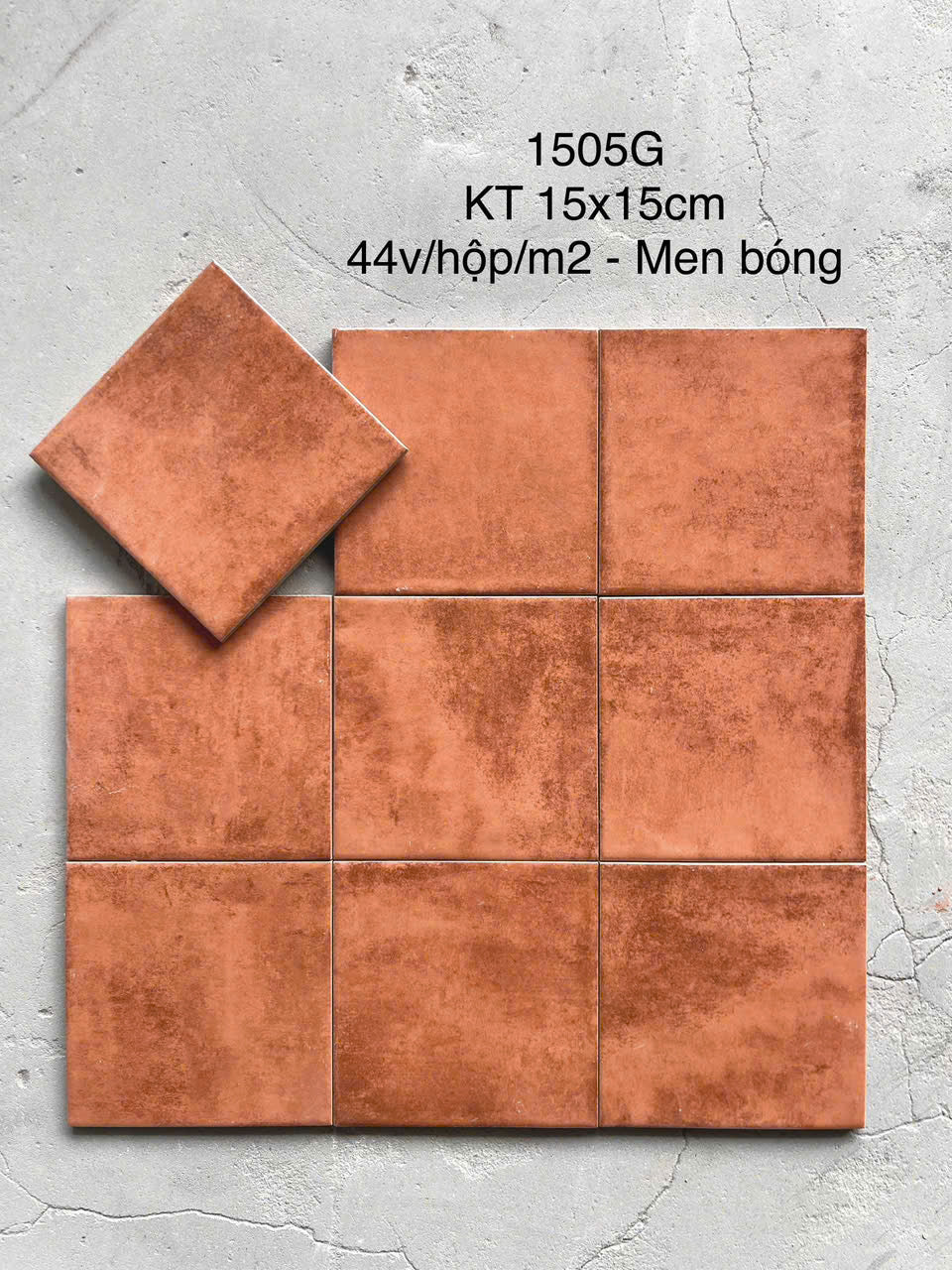 Gạch thẻ cam men bóng KT 150x150mm (1h/1m/44v/17.5kg) - Daisan Mart