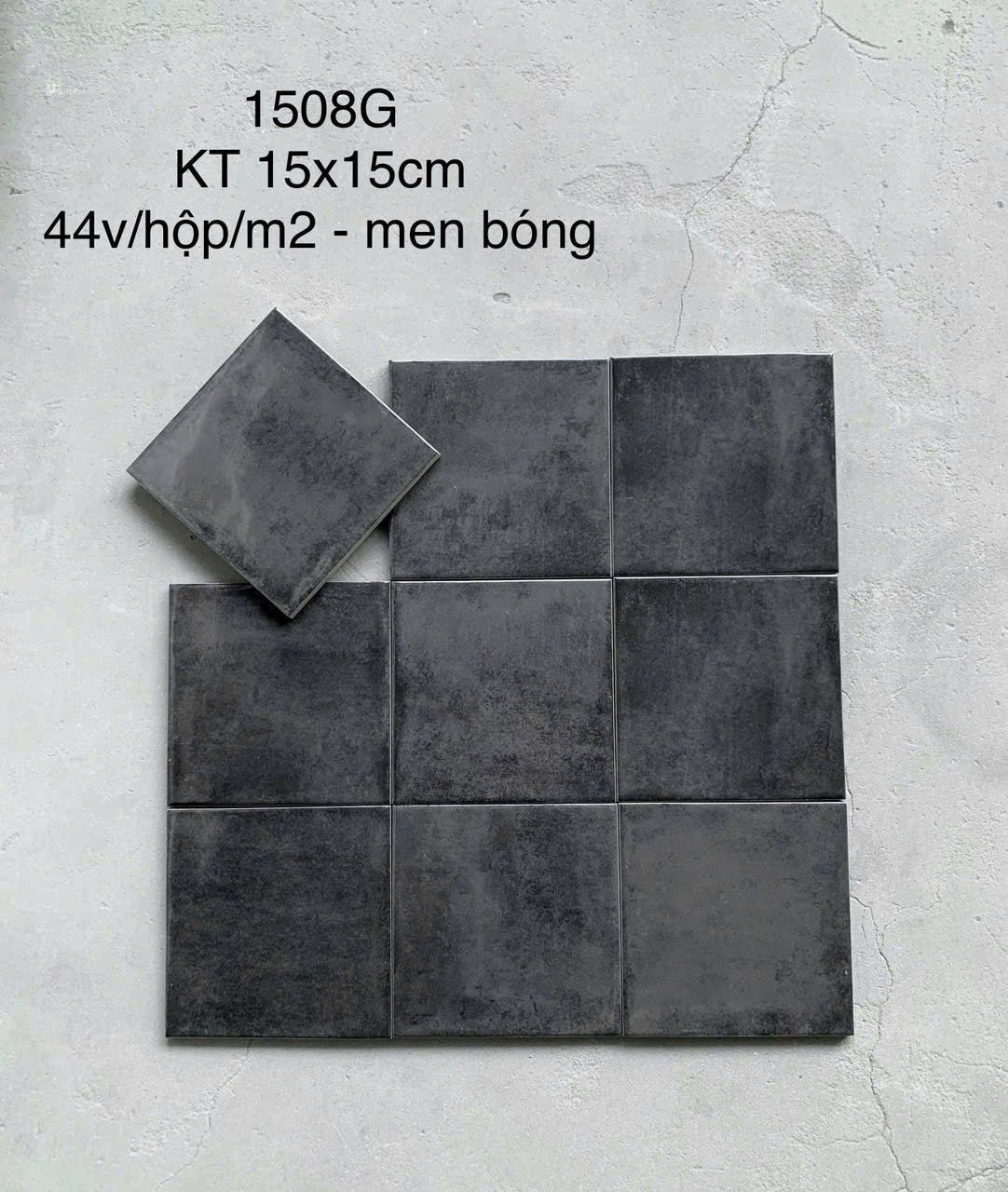 Gạch thẻ đen men bóng 1508G KT 150x150mm (1h/1m/44v/17.5kg) - Daisan Mart