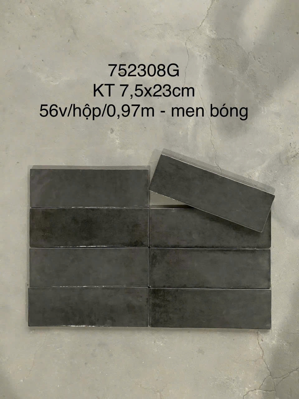 Gạch thẻ đen men bóng KT 75x230mm (1h/0.97m/56v/17.5kg) mã LAN752308G - Daisan Mart
